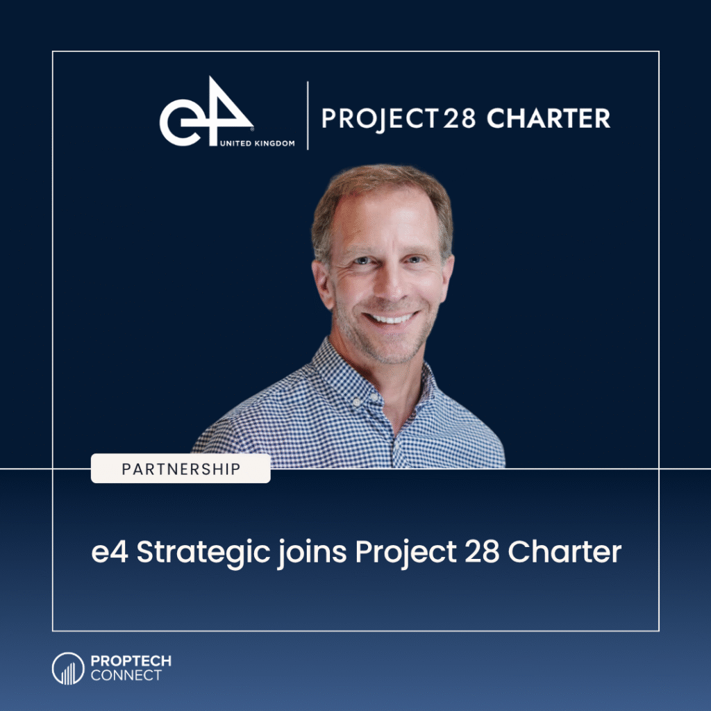 Announcement graphic: e4 Strategic joins Project 28 Charter, featuring a smiling man portrait and partnership badge on a navy gradient background.