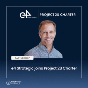 Announcement graphic: e4 Strategic joins Project 28 Charter, featuring a smiling man portrait and partnership badge on a navy gradient background.