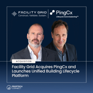 Press banner announcing Facility Grid acquires PingCx with two businesspeople in suits on a dark blue background behind logos.