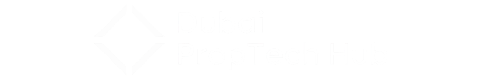 Dubai PropTech Hub logo—white diamond emblem with the text 'Dubai PropTech Hub' on a black background