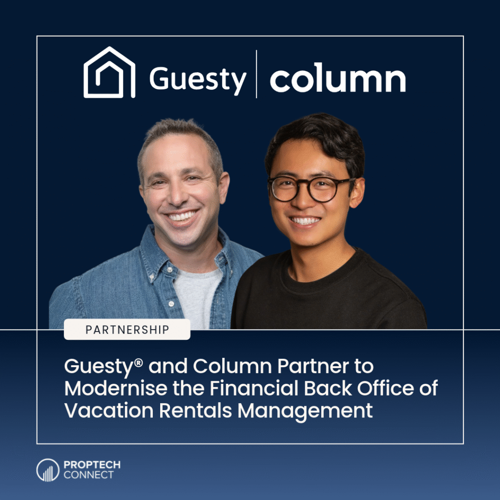 Banner announcing Guesty and Column partnership; two smiling hosts on a dark blue backdrop with the headline about modernising vacation rental finance.