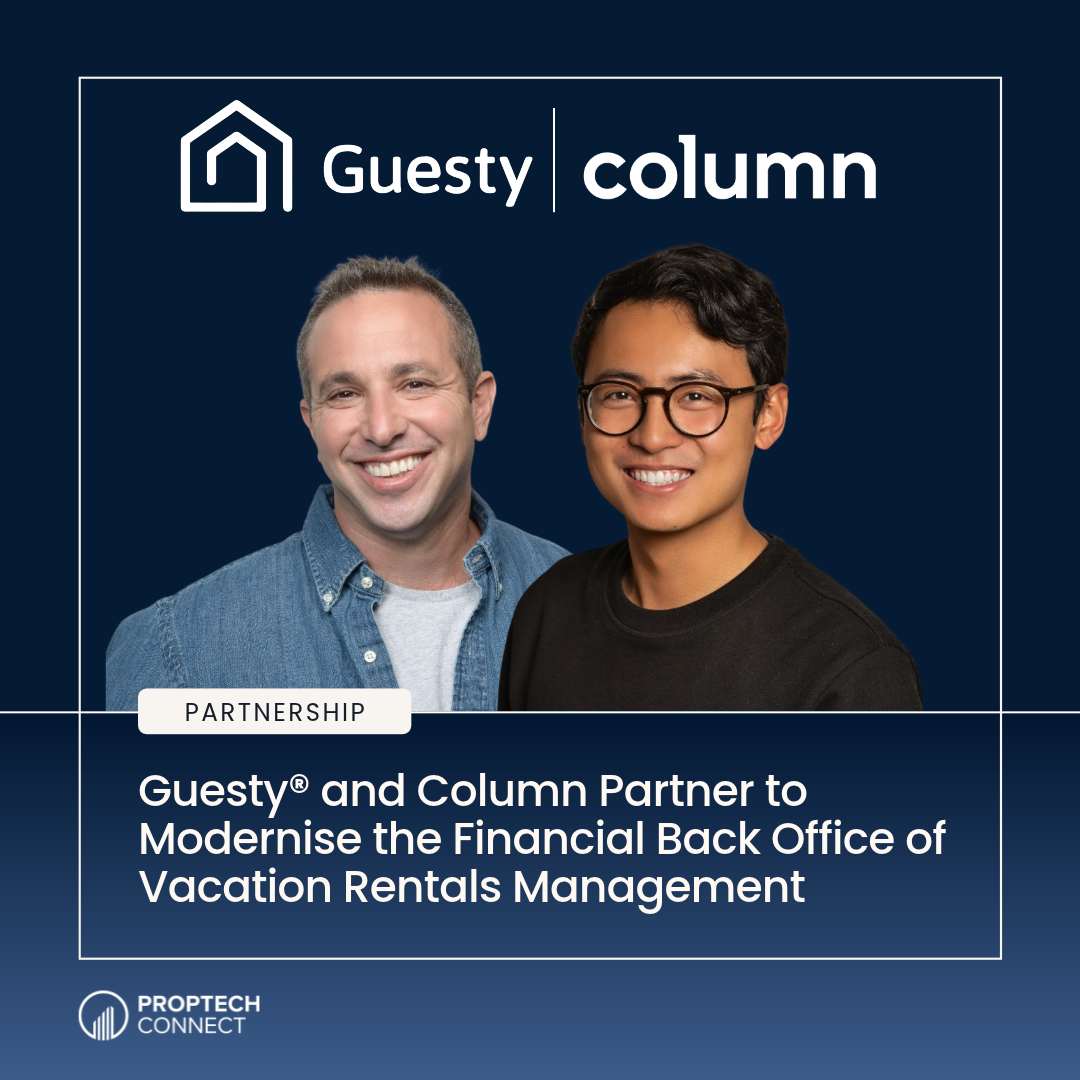 Banner announcing Guesty and Column partnership; two smiling hosts on a dark blue backdrop with the headline about modernising vacation rental finance.