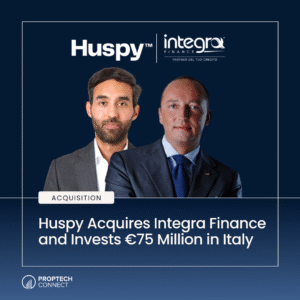Promotional banner announcing Huspy acquires Integra Finance and invests €75 million in Italy, featuring two suited executives against a dark blue background.