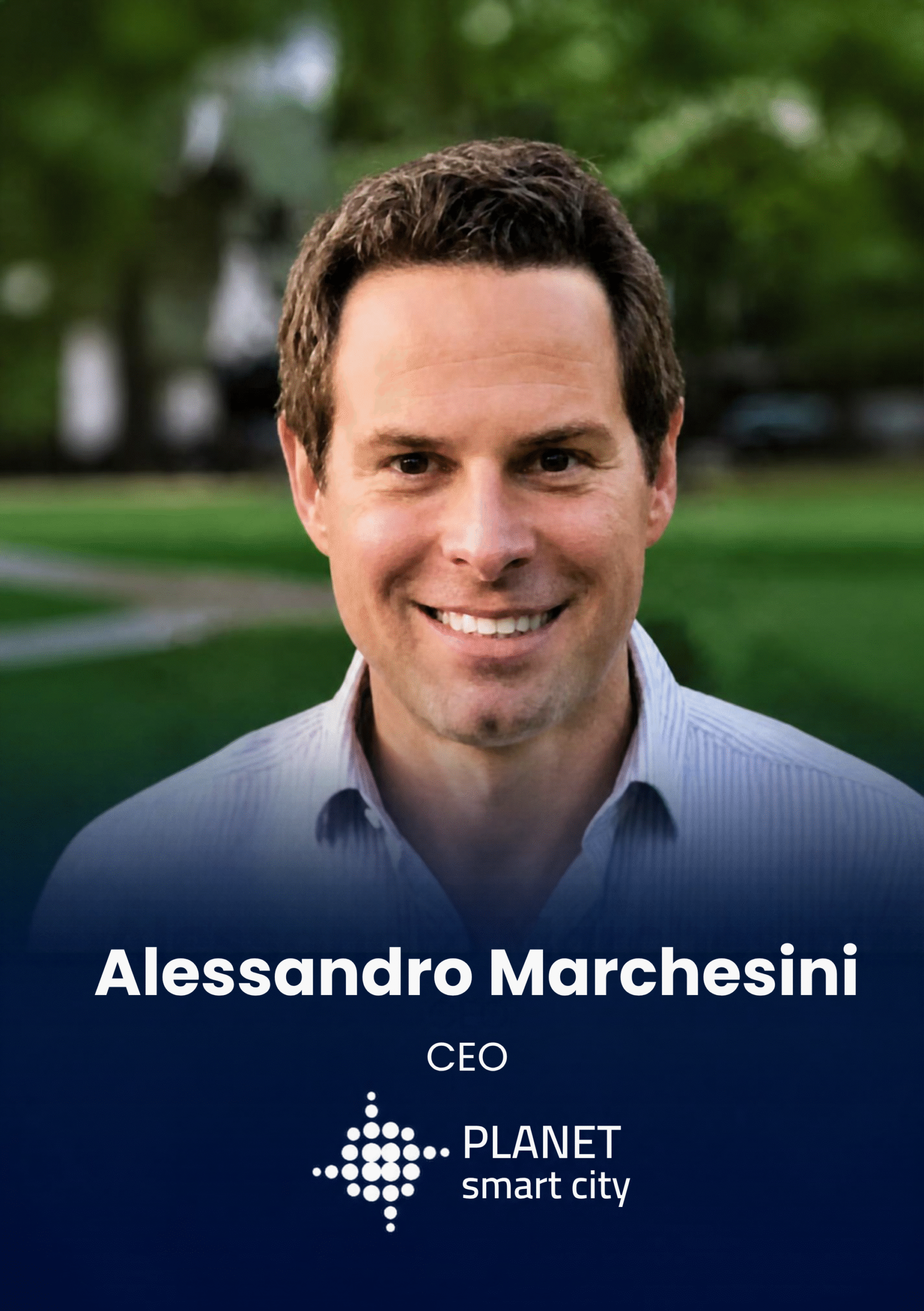Smiling man portrait outdoors with a blue gradient overlay and text showing a CEO title and a 'Planet smart city' logo in the bottom portion.