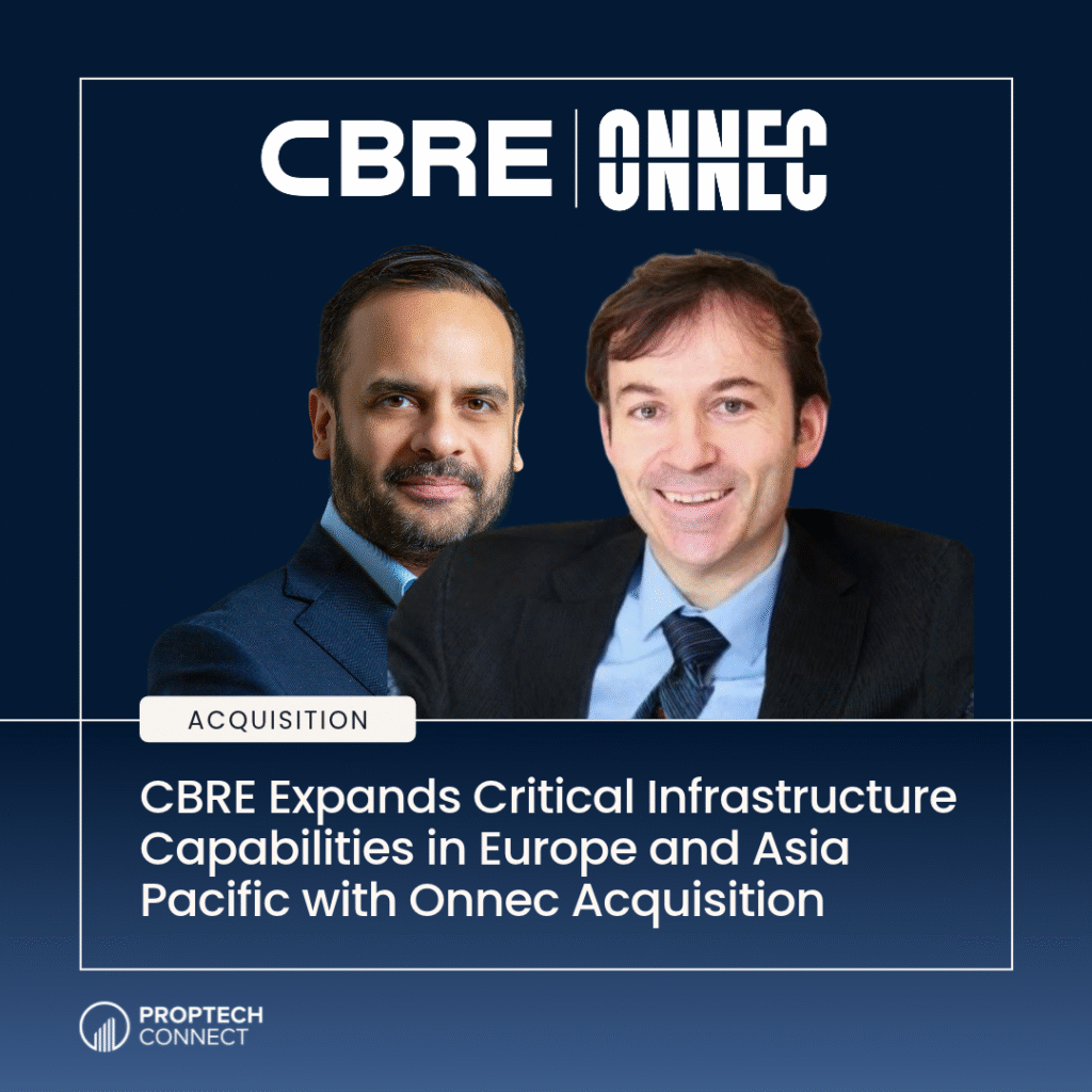 Promotional banner with two suited executives, CBRE|Onnec logo, and headline about the Onnec Acquisition expansion of infrastructure capabilities.