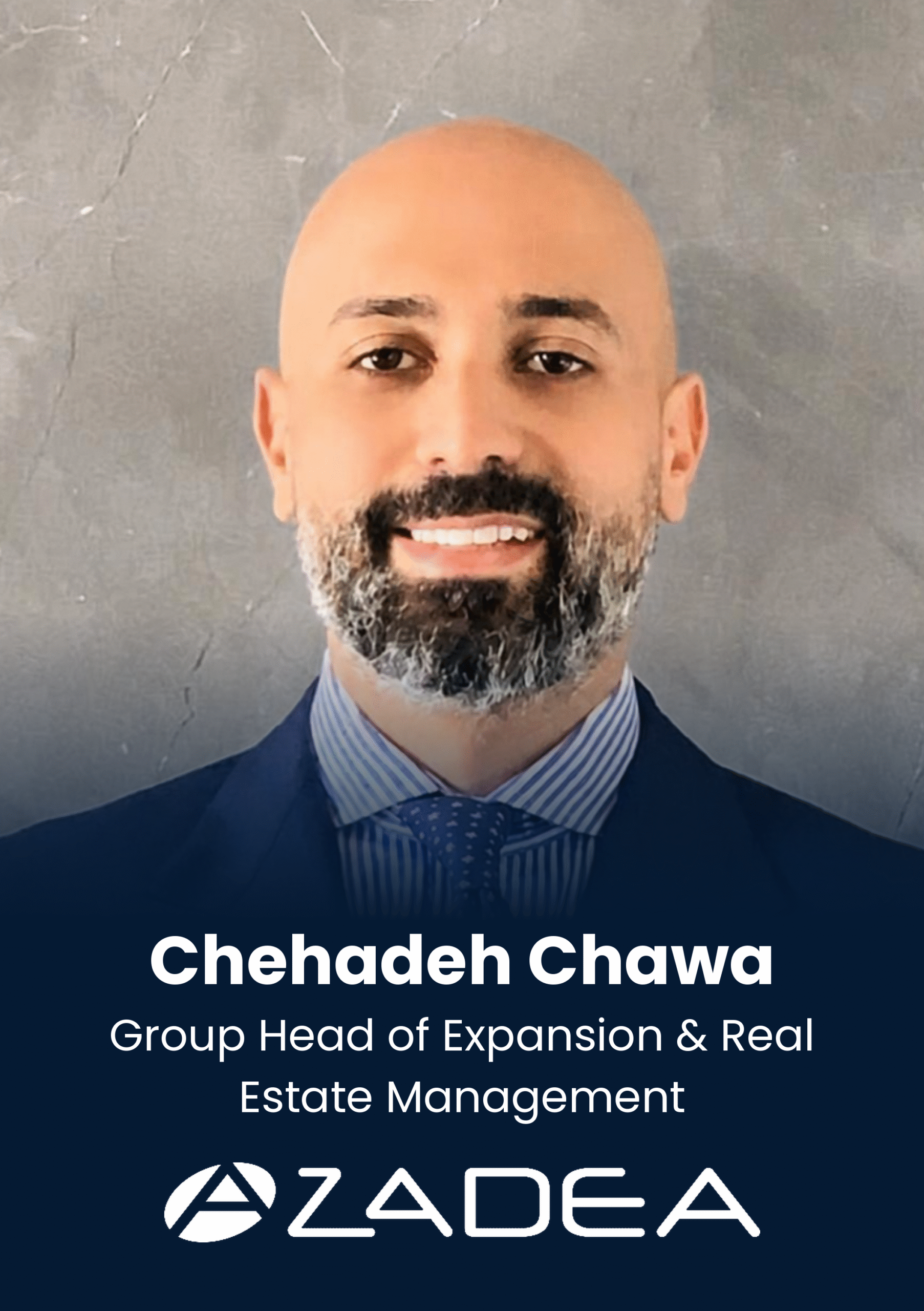 Professional headshot of a smiling bald man with a beard in a dark suit and striped shirt; overlaid text shows 'Group Head of Expansion & Real Estate Management' and the Azadea logo.