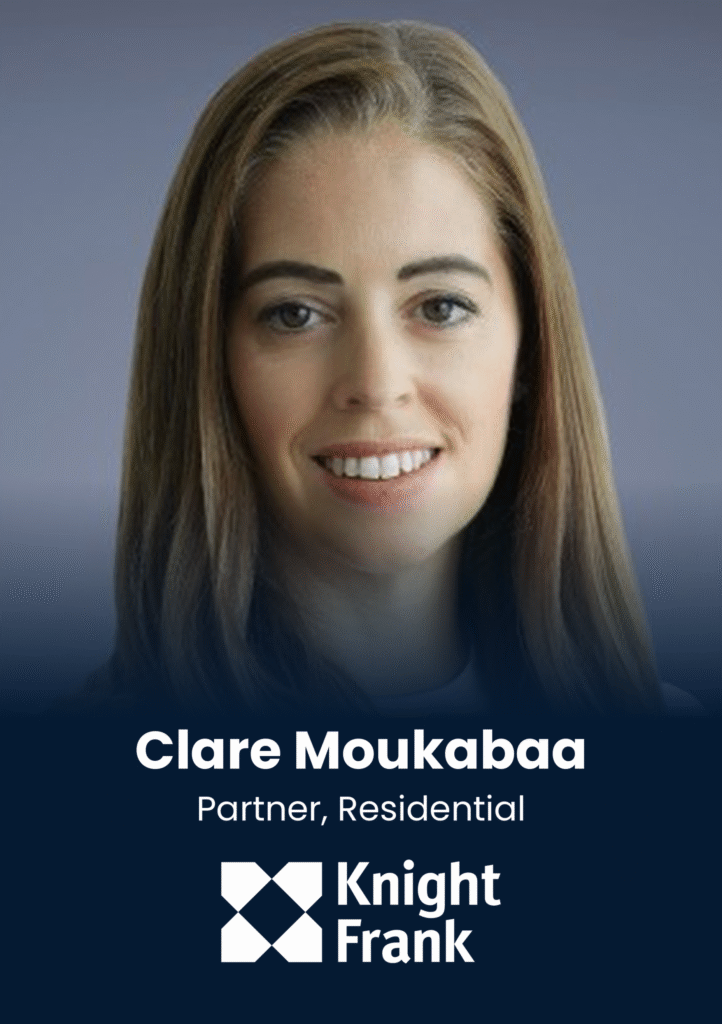 Portrait of Clare Moukabbagh, Partner, Residential at Knight Frank, with a blue gradient background.