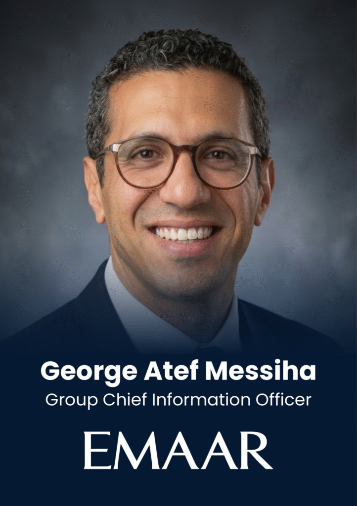 Portrait of George Atef Messih, Group Chief Information Officer at EMAAR, smiling in a suit against a dark gradient background.
