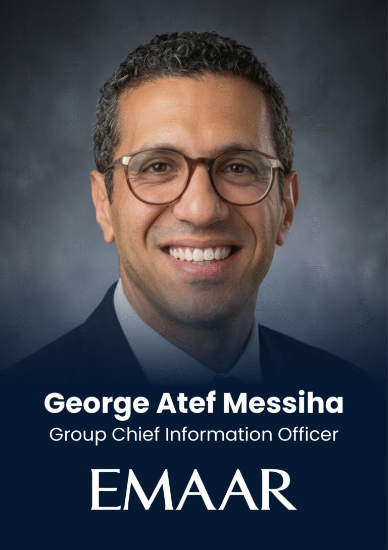Portrait of George Atef Messih, Group Chief Information Officer at EMAAR, smiling in a suit against a dark gradient background.