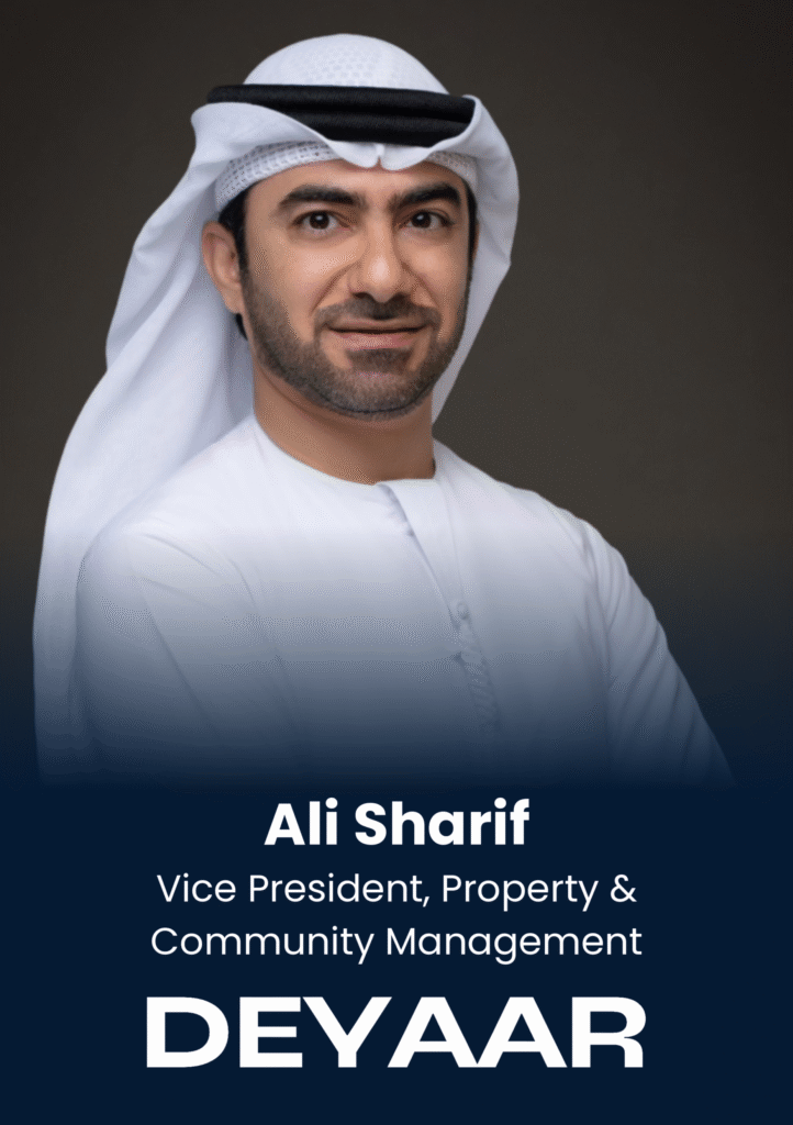 Portrait of Ali Sharf, Vice President, Property & Community Management, wearing a white kandura and headscarf against a dark gradient background with his name visible below.