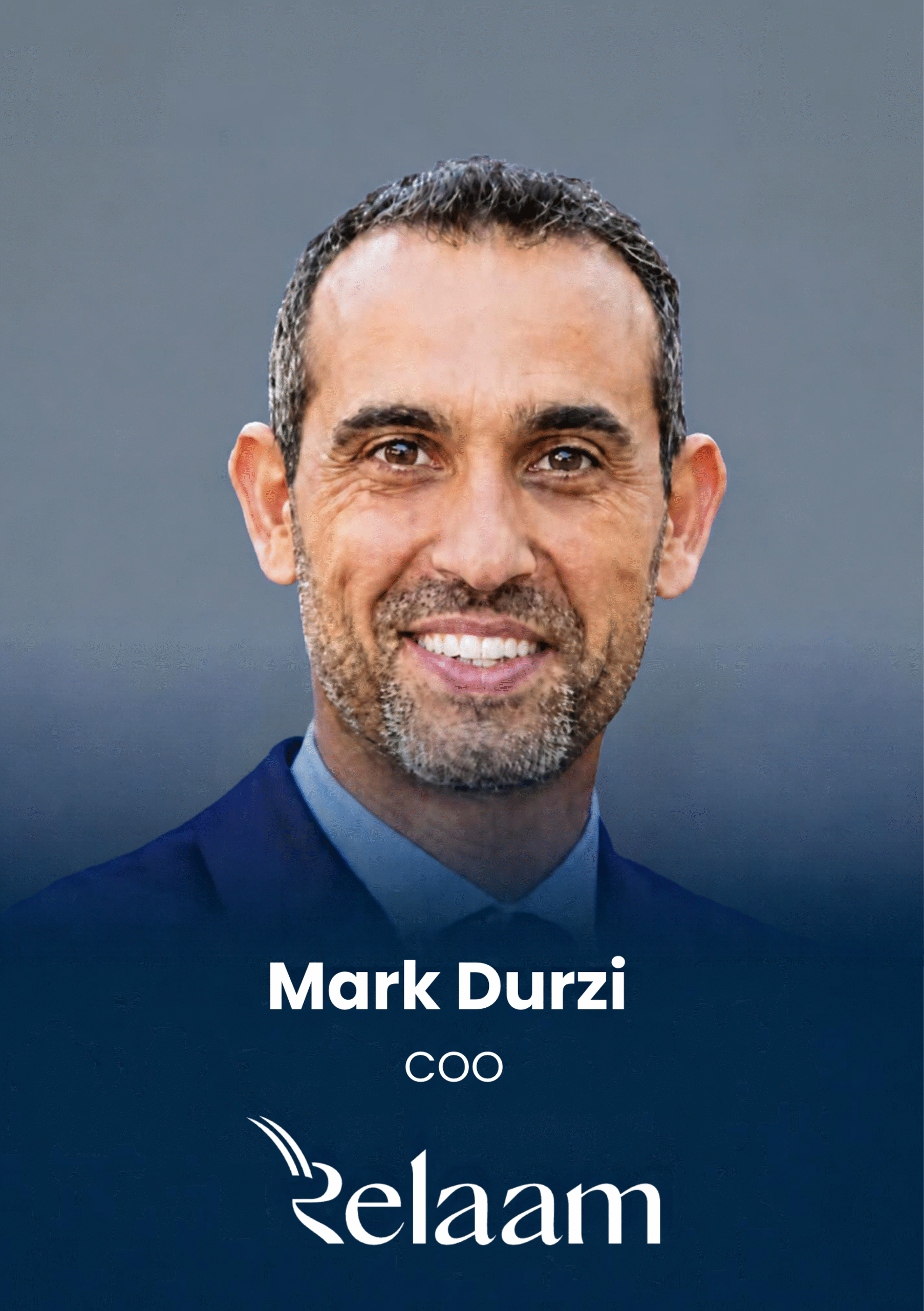 Portrait of Mark Durzi, CEO, in a blue suit with a dark gradient background and company logo at the bottom (Relam).