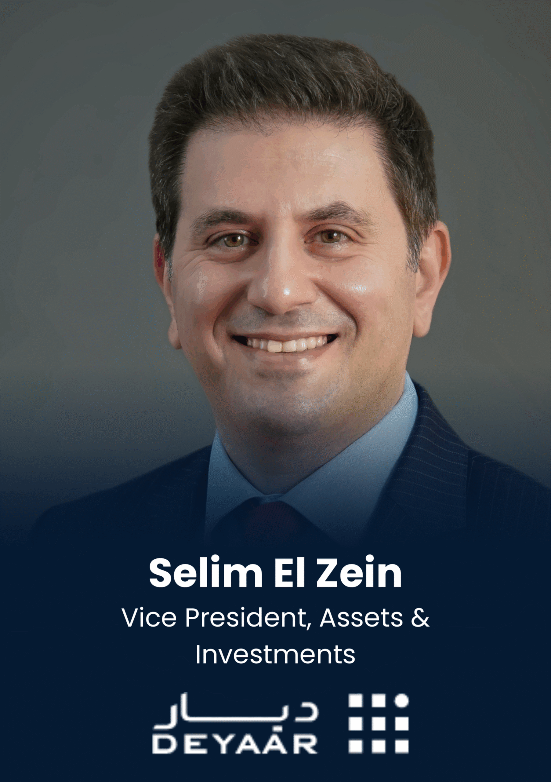 Professional headshot of Selim El Zein, Vice President of Assets & Investments, wearing a blue suit against a dark gradient background with a company logo.