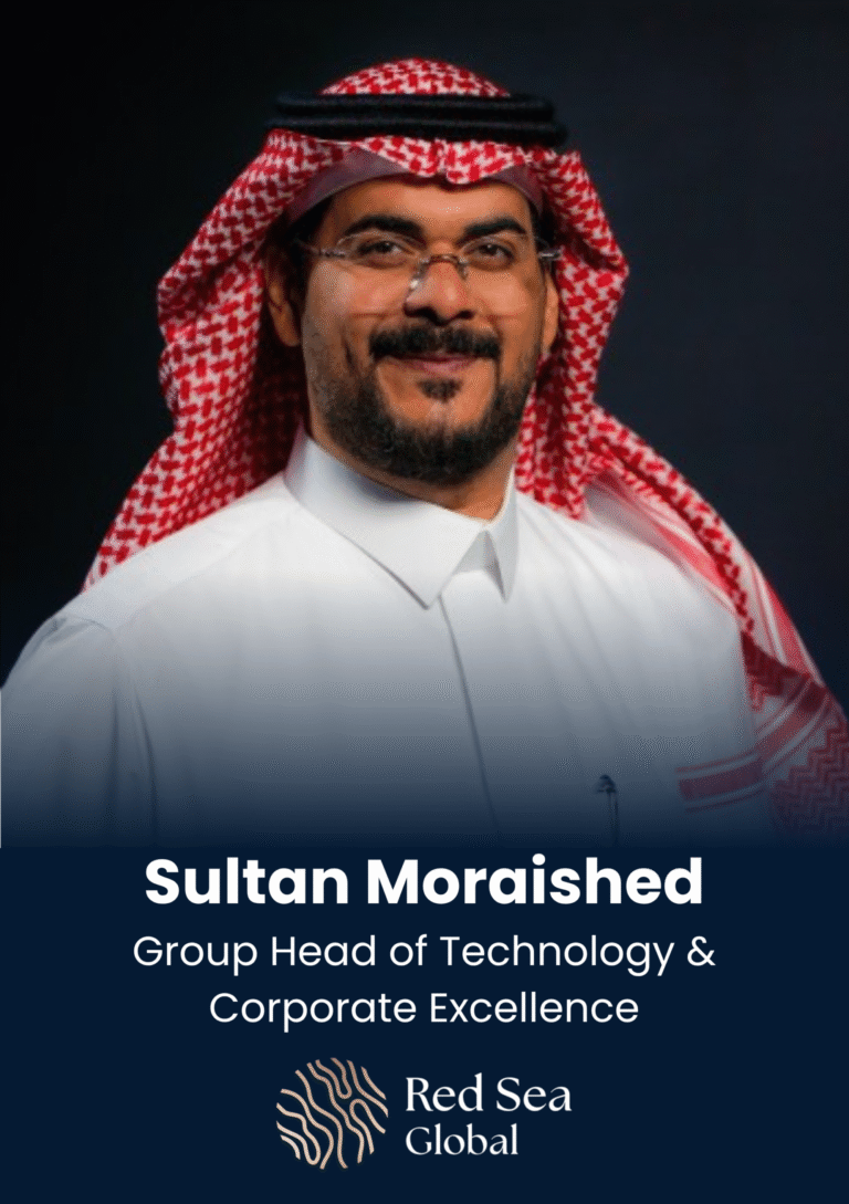 Professional head-and-shoulders portrait of Sultan Morqished in a white thobe and red-checkered ghutra, smiling against a dark background; corporate logos visible below.