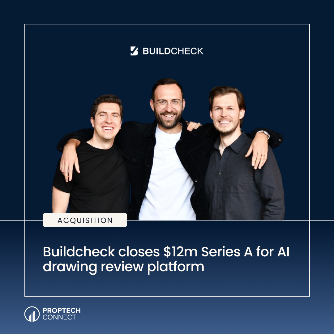 Three men smile and pose together under the Buildcheck logo, accompanying news about a $12M Series A acquisition for an AI drawing review platform.
