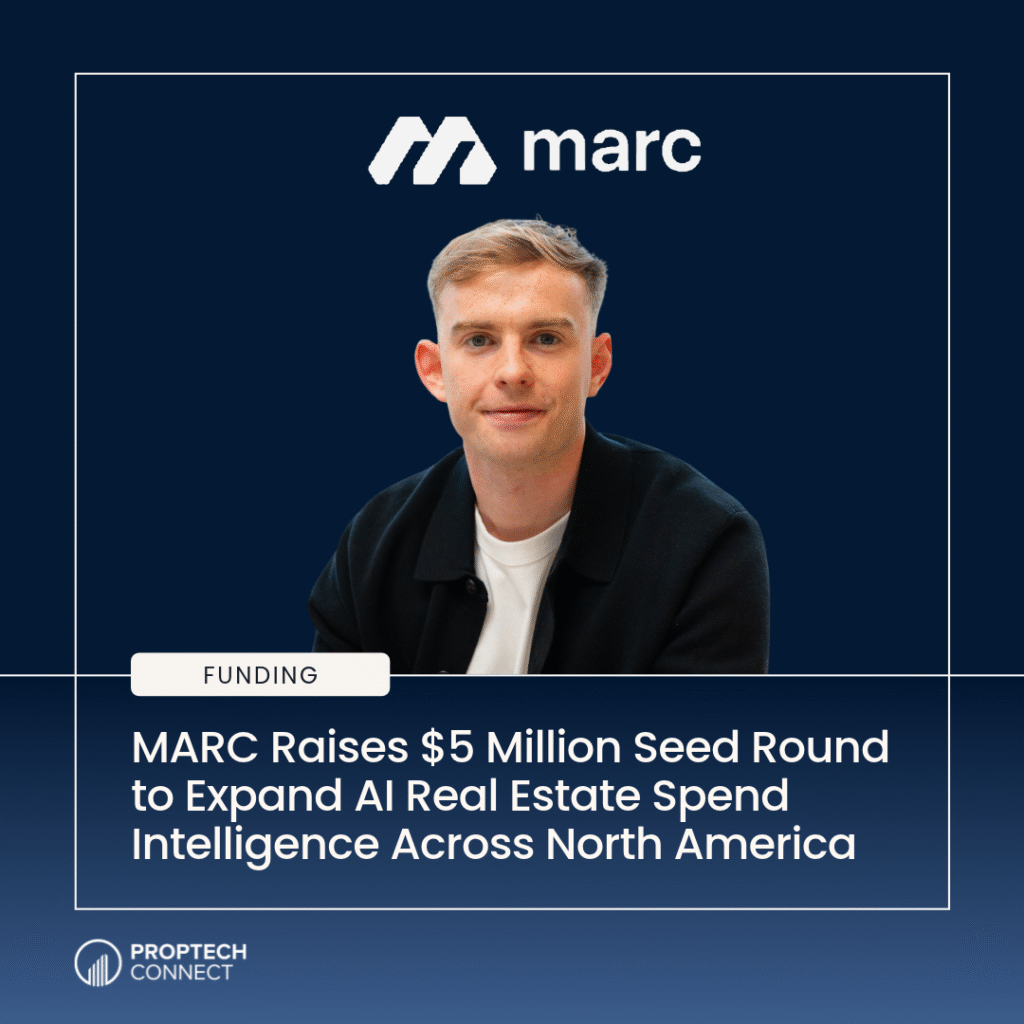 Portrait of a man against a navy background with MARC branding and a funding headline about MARC's $5M seed round for AI real estate insights.