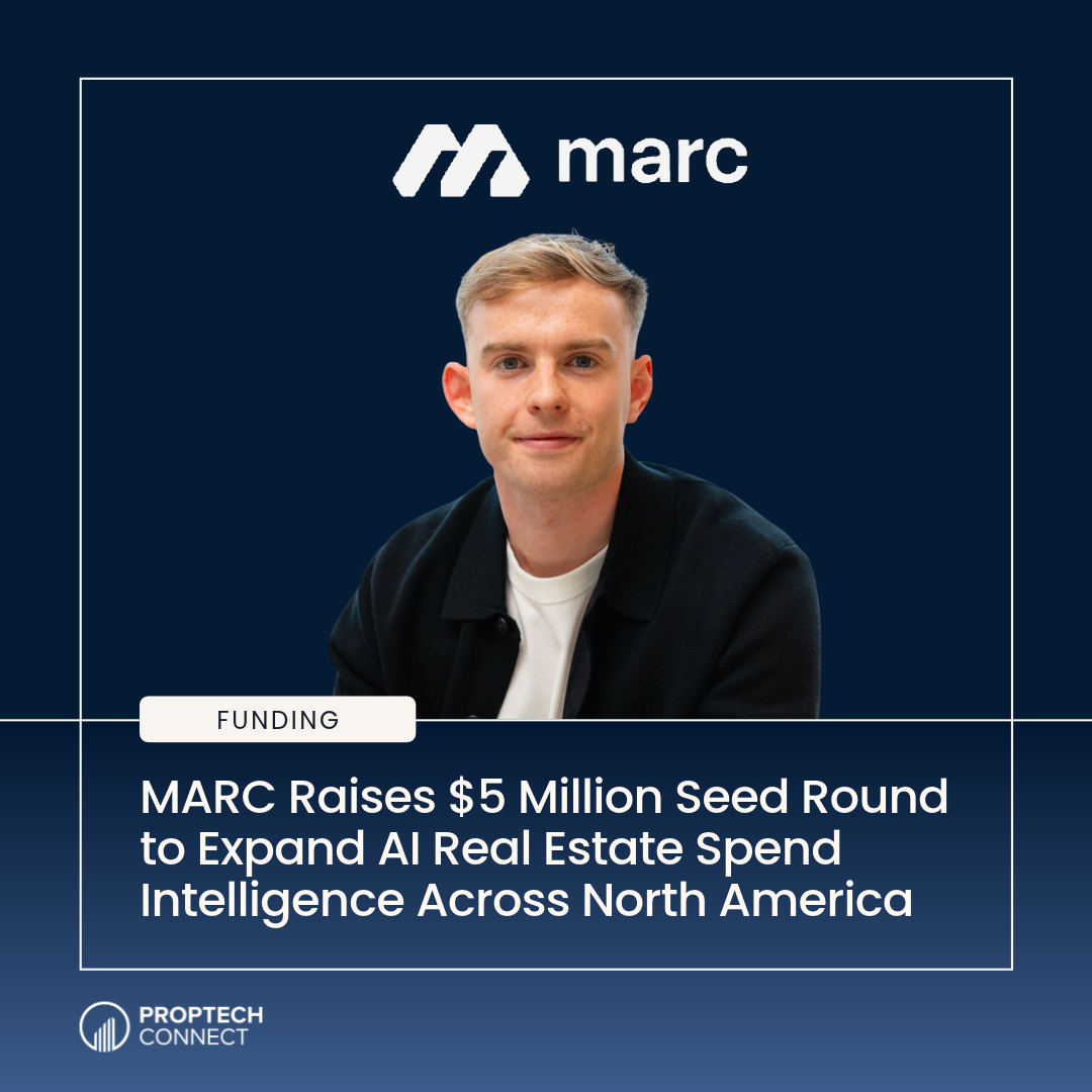 Portrait of a man against a navy background with MARC branding and a funding headline about MARC's $5M seed round for AI real estate insights.