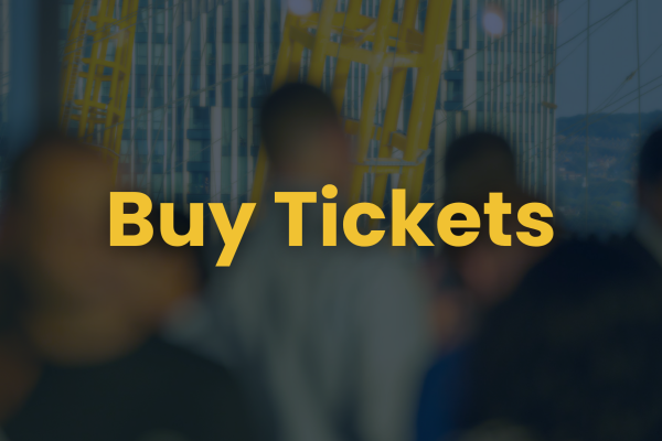 'Buy Tickets' displayed in bold yellow text over a blurred background of people and a structure, prompting ticket purchase.