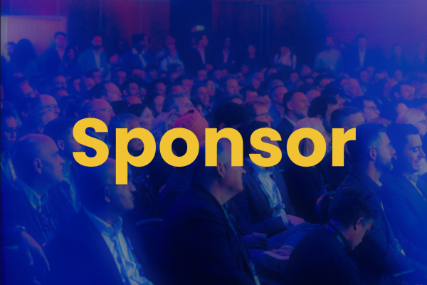 Crowd of conference attendees with a blue overlay and bold yellow 'Sponsor' text across the foreground.